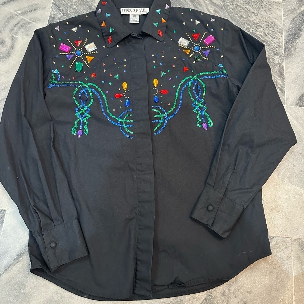 Vintage Harbour Vue Black Western Shirt with Rhinestones and Gems Size S